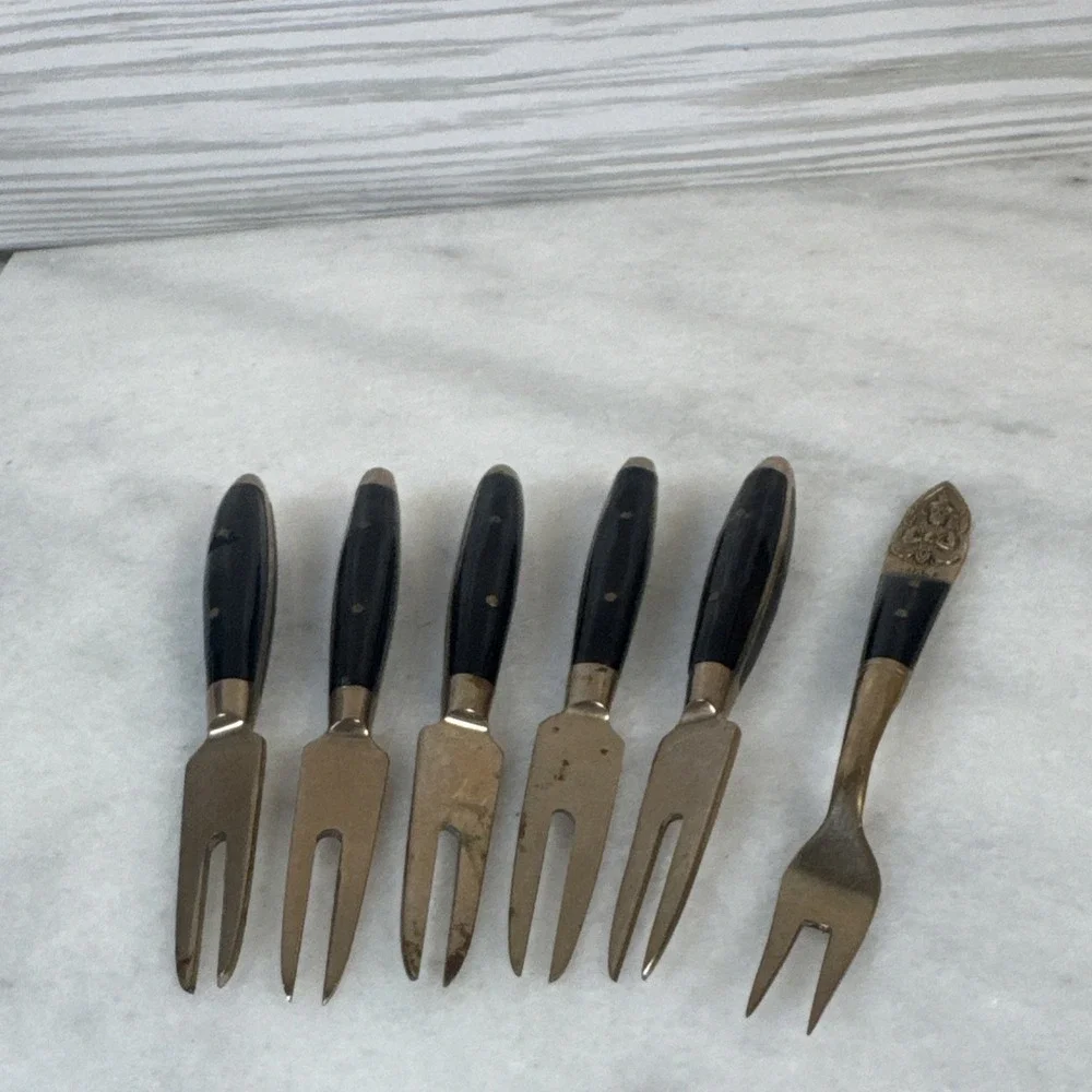 Vintage - SET of 6- Thailand BRASS & TEAKWOOD - Cocktail FORKS - 1960's
